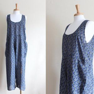Vintage FLAX Blue Print Sheer Rayon Jumpsuit